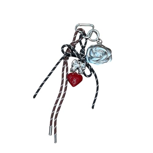 Camellia Flowers Heart Pendant Keychain with Braided Rope Tassels Bag Pendant Keyring Functional Accessory for Gifts Fashionable