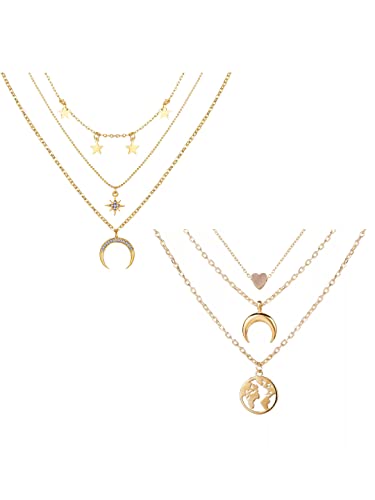 Image of Vembley Pack of 2 Attractive Gold Plated Triple Layered Moon Star & Moon Heart Earth Pendant Necklace For Women and Girls