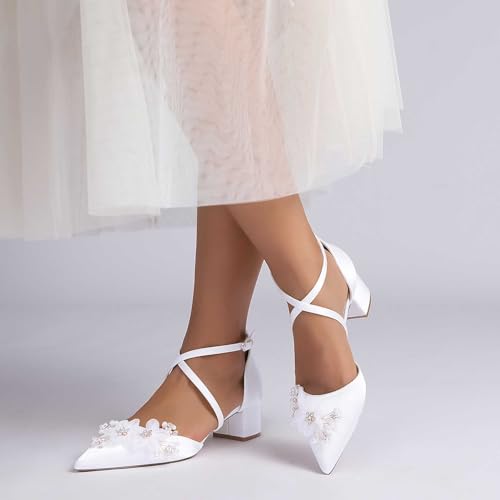 Women’s Pointed Toe Chunky Sandals With Flower Women, Kitten Heel For Women With Ankle Strap, Closed Toe Wedding Shoes For Bride, Summer Dressy2