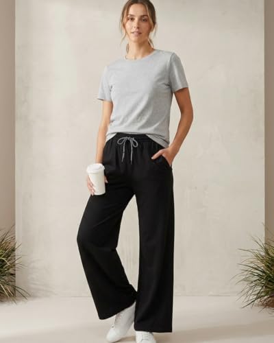 Image of Pack of 2 Women's Wide-Leg Track Pants | Fit Trousers Elastic Waist with Drawstring | Soft Breathable Fabric | Relaxed Fit Lounge & Casual Lounge Travel Wear