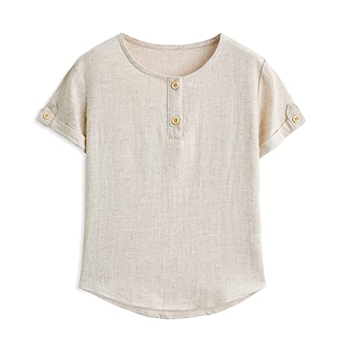 Curipeer Boys Girls Button Down Shirts Cotton Linen Unisex Tee for Spring Summer