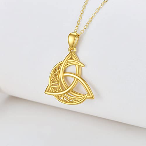 Solid Gold 14K Celtic Moon Necklace For Women, Real Gold Celtic Knot Pendant Necklace Crescent Irish Fine Jewelry Anniversary Mother's Day Gift For Wife, Mom, 16''-18'' #TOP3