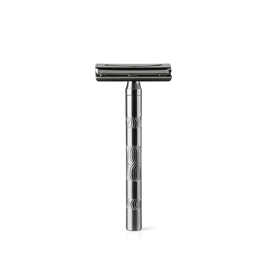 Image of Classic Double Edge Safety Razor, Stainless Steel Handle, Engraved Pattern, Polished Finish