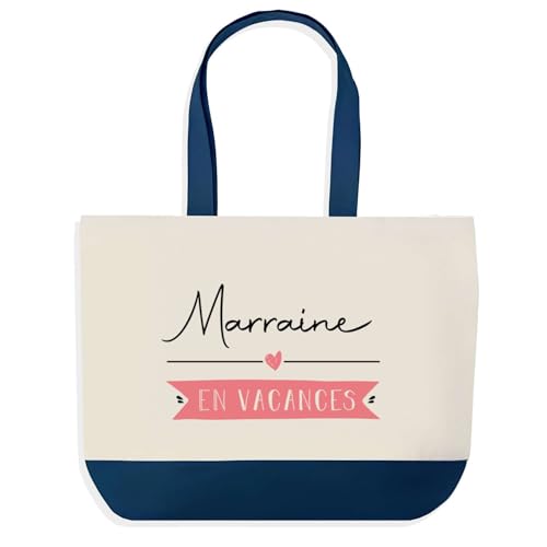 Sac de shopping bleu et grand cabas de plage pour marraine en vacances