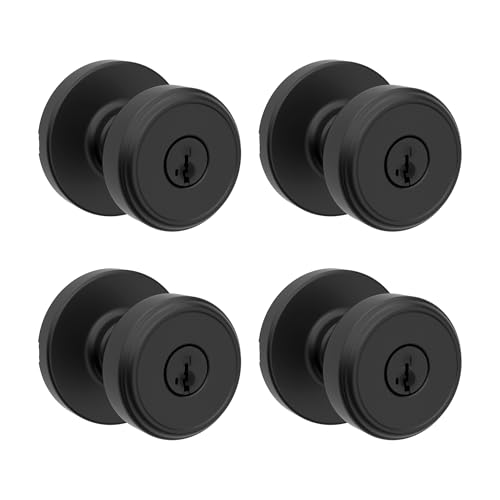 Image of Kwikset Maven Entry Door Knob with Lock and Key, Secure Keyed Handle Exterior, Front Entrance and Bedroom, Matte Black, 4 Pack, Pick Resistant SmartKey Rekey Security and Microban