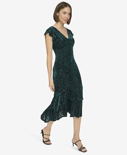 Image of Tommy Hilfiger Women's Flutter Sleeve V-Neck Ruffle Trim Hi-Lo Midi Dress