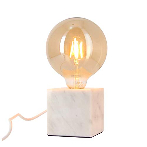 Xanlite CDEM01WB125F Lampe à Poser Cube en marbre Blanc (culot E27) + Ampoule Globe Vintage fumée