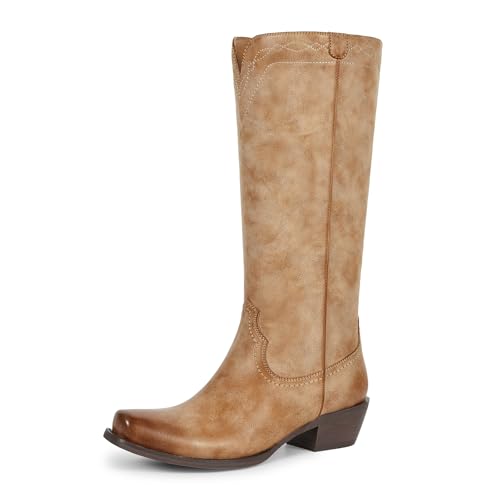 Image of wetkiss Women's Pointed Toe Cowboy Boots | Knee High Cowgirl Boots, Retro Embroidery, Chunky Heel, Pull-On, Style for a Classic Western Look,Stable and Comfortable