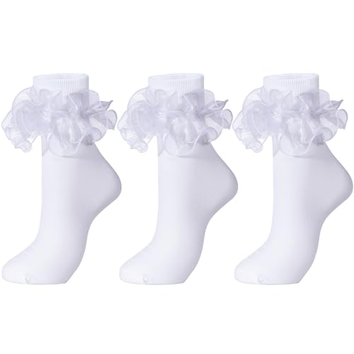 Dicry Women Big Ruffle Socks Double Lace Turn Cuff (Size 9-11, 3 Pairs)