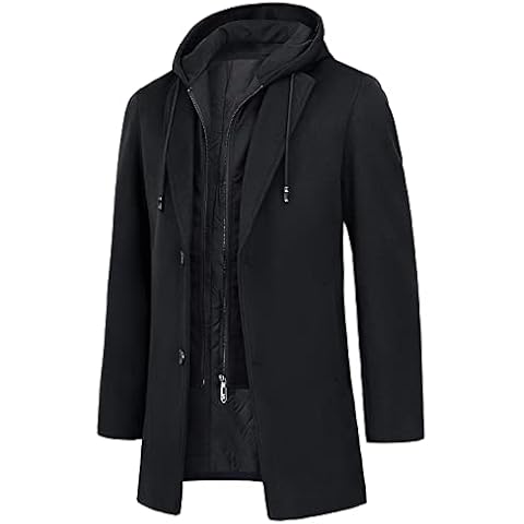 KTWOLEN Mens Wool Coat Trench Coat Long Business Woolen Jacket Casual Quilted Jacket Winter Warm Hooded Overcoat Cover
