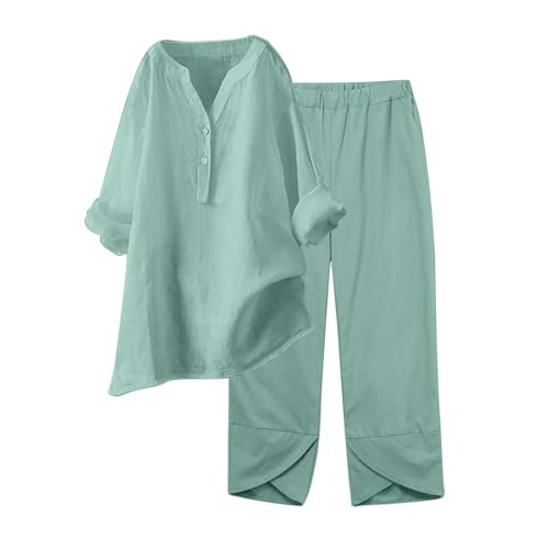 Generic Women's Two Piece Summer Cotton Linen Outfits Casual Button Up Long Sleeve Top and Wide Leg Pants Set with Pockets