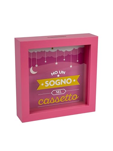 Tirelire décorative 'J'Ai Un rêve dans Le tiroir', Rose, 16 x 16 cm, Design Lune et étoiles