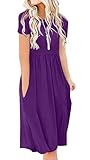 DB MOON Women Summer Casual Short Sleeve Dresses Empire Waist Dress with Pockets (Purple, 2XL)