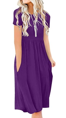 Image of DB MOON Women Summer Casual Short Sleeve Dresses Empire Waist Dress with Pockets