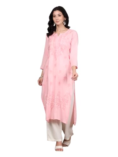 Image of Women Pink Ethnic motifs Embroidered Lucknowi Chikankari Long Kurti