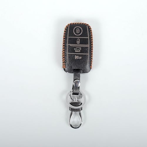 Image of Leather Smart Car Key Cover Case with Metal Hook Keychain for Kia Seltos, Carnival (Black)