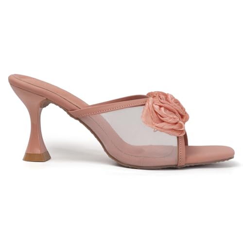 Image of Dely Bely Women's Black Floral Embellished Heels | Stylish Slip-On Party Sandals with Comfortable Heel for Wedding, Festive & Casual Wear