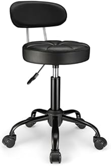 PU Leather Rolling Stool with Back Support Height Adjustable Swivel Stool Chair with Wheels Drafting Chair for Spa Slaon Massage Black