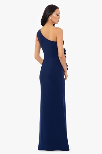 Image of Betsy & Adam Women's One Shoulder Ruffle 3D Flower Formal Long Dress, Navy, 8