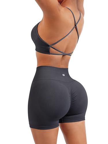 Image of SUUKSESS Women Seamless Workout Sets Strappy Sports Bra High Waist Booty Shorts Outfits