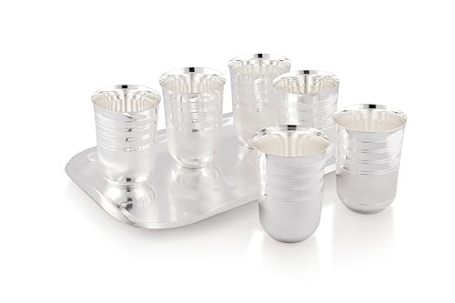 Image of Silverglow Ace Tray Glass Set | Silver Plated Glass Set of 6 with Tray | Juice, Water, Beverages Serving Set | Tableware Set | Perfect Diwali, Office, Wedding Return Gift Item