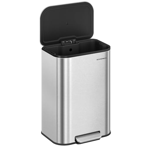 SONGMICS Küchenabfalleimer, 50 l, Mülleimer mit Deckel, Edelstahl, Absenkautomatik und bleibt offen, Inneneimer, breites rutschfestes Pedal, metallisches Silber ULTB547E01