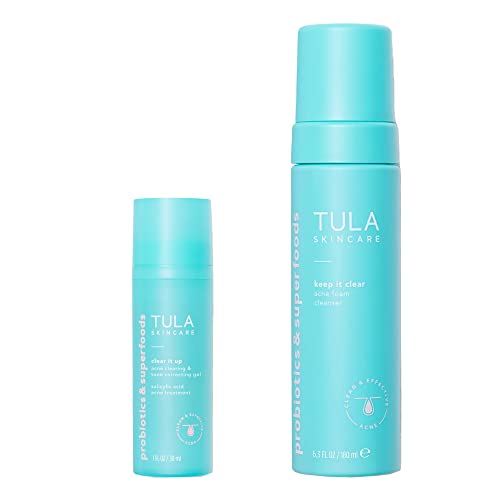 TULA Skin Care Keep It Clear Acne Foam Cleanser 6.3 fl oz + Clear It Up Acne Clearing + Tone Correcting Gel 1 fl oz, 2 Piece Set
