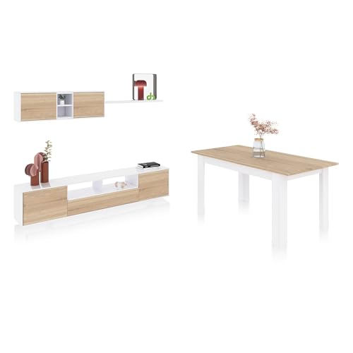 duehome | Pack de Salon con Modulo TV + Mesa de Comedor, Conjunto de Salon, Modelo Kenzo Plus VA, Acabado en Blanco Artik, y Roble Canadian