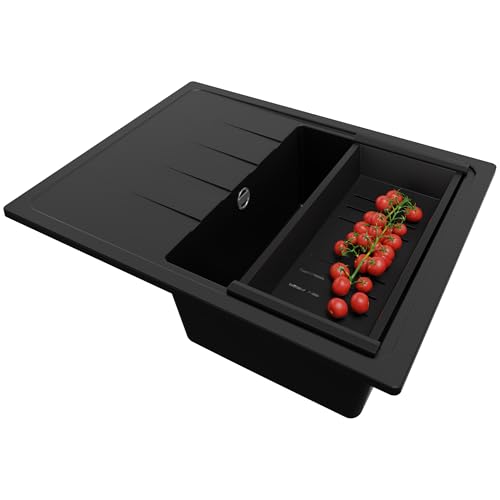 PRIMAGRAN Fregadero Cocina Negro 62x50cm, Granito 1 Seno + Sifón, Sobre encimera al mueble 40cm - Milano