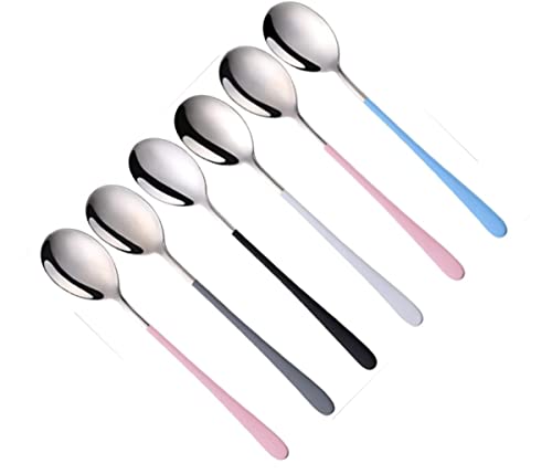 Image of YANCI Silverware Set, Stainless Steel Korean Silver Plated Round Head Soup Spoon, Table Spoon with 8.11 inch Long Handle Coffee Ice Cream Dessert Dinner Spoons Scoop (Random Color, 6 Pieces)