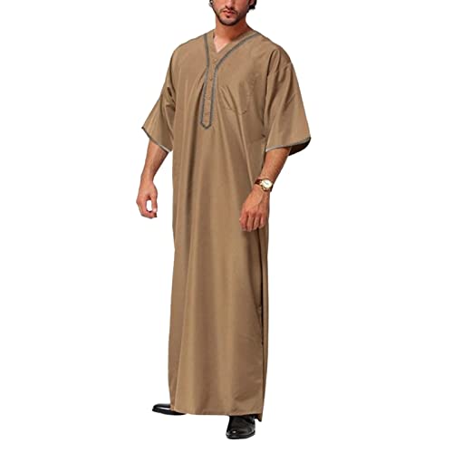 Men's Muslim Clothes Durable Kaftan Robe Dubai Long Gown Ethnic Clothes,1pc Soft Robe Collar Stand Embroidered Robe2