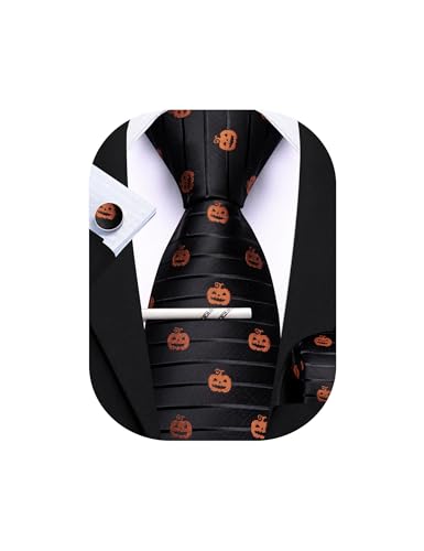 Barry.Wang Halloween Tie Men Pumpkin Black Orange Necktie with Tie Clip Silk Pocket Square Cufflinks Set Costume Party Cosplay Props