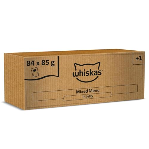 Whiskas Adult 1+ Katzennassfutter Gemischte Auswahl in Gelee, 84 Portionsbeutel, 84x85g (1 Großpackung) – Hochwertiges Katzenfutter nass, für ausgewachsene Katzen