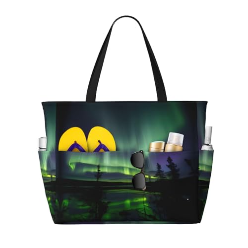 Dark Northern Lights Large Capacity Foldable Tote Bag Women Beach Tote Bag Handbag Gym Bag Travel Shopping Bag
