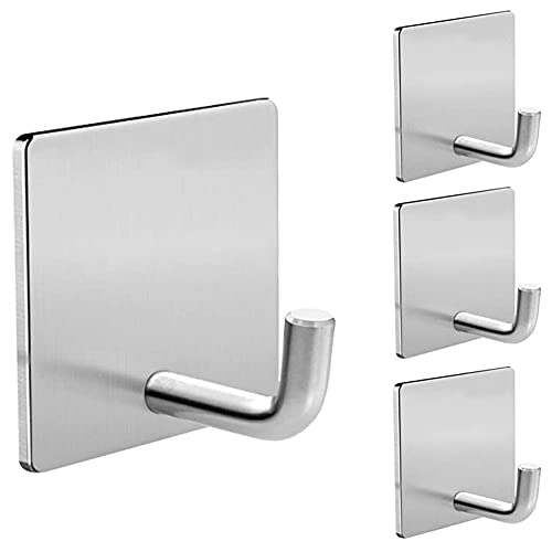 Adhesive Hooks Heavy Duty Stick on Wall Towel Hooks , Stainless Steel Wall Hook Door Hooks and Coat Hooks Self Adhesive Holders for Hanging Kitchen Bathroom Home Adhesive Hooks - 4 Pack