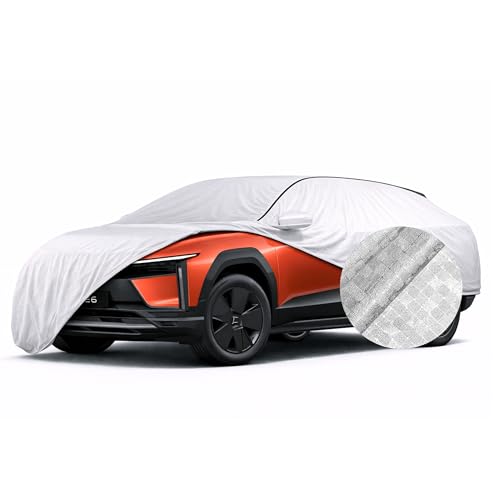 Image of SEAZEN Waterproof Car Cover for Mahindra BE 6 | Dustproof, UV & Scratch Resistant Soft Cotton Lining | Triple Stitched, Mirror Pockets & Elastic Hem | Metallic Silver with Black Piping
