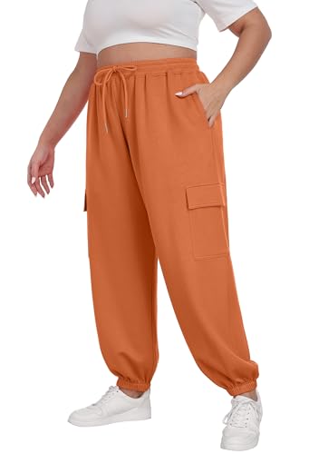 OLRIK Plus Size Cargo Pants for Women Comfy Sweatpants Adjustable Drawstring Joggers Stylish Lounge Trousers Orange-3X