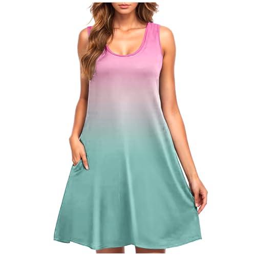 HotsAlifes Vestidos de verano para mujer, vestido casual de playa del Reino Unido, cuello en U, sin mangas, vestido midi floral con bolsillos, vestidos Y2K, vestidos degradados, #25 Verde, L