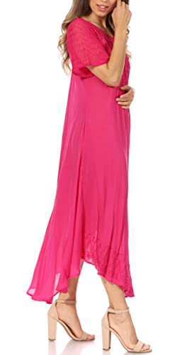 Image of Sakkas Egan Long Embroidered Caftan Dress /Cover Up with Embroidered Cap Sleeves