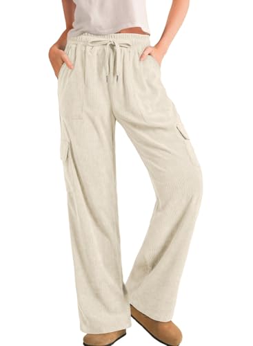 Sidefeel Corduroy Pants for Women Casual Work High Waisted Elastic Drawstring Cargo Loose Fit Wide Leg Pants Apricot XL