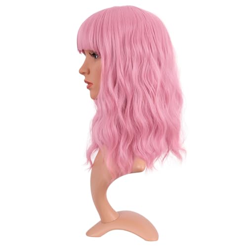 Image of MapofBeauty 14 Inch /35 cm Short Wavy Curly Women Fresh Bright Synthetic Ordinary Flat Bangs Bob Wig (Light Pink)