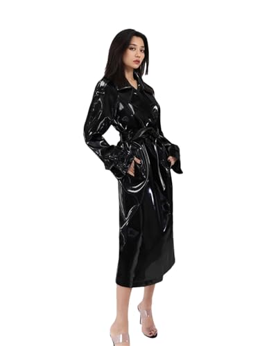 Women Long Shiny Reflective Patent Leather Trench Coat Black XXL