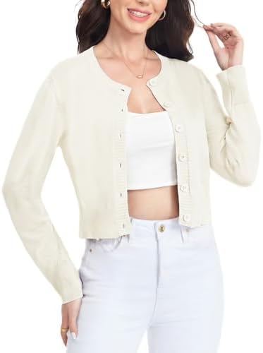 Monbessi Strickjacke Damen Kurz Rundhals und Knöpfen Cardigan Damen Langarm Bolero Jäckchen für Arbeit, Verabredungen, Zuhause