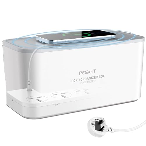 PEGANT Extension Lead with USB Slots, 5 Way Outlets, 3 USB Ports, 1 20W Type-C and Wireless Charger Tidy Box Socket Extension, Overload Protection Cord 2M Power Strip Cable Management Box (3 in 1)