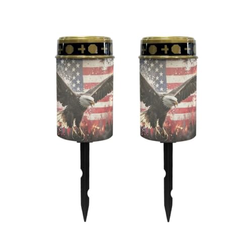 Image of Poceacles Solar Lights Outdoor Waterproof Cemetery Candles Solar Powered Grave Outdoor Decorative Walkway Lights for Lawn Garden Pathway Decor, Eagle American Flag Patriotic Print, Pack of 2
