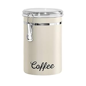 Oggi Stainless Steel Coffee Canister 62 fl oz – Airtight Clamp Lid, Warm Gray, Tinted See-Thru Top – Ideal for Coffee Bean Storage, Ground Coffee Storage, Kitchen Storage, Pantry Storage. 5 x 7.5