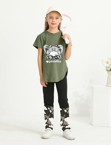 Image of Girls Outfits Short Sleeve Irregular Tops + Camouflage Long Legging Outfits 2PCs Summer Pant Sets 6-14T