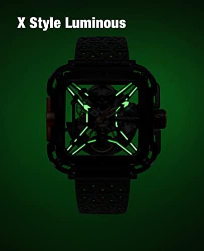 CIGADesign X Orologio da uomo automatico meccanico in acciaio inox unico a forma di X orologio da polso casual impermeabile per uomo (cinturino regolabile in silicone e nylon) Nero e arancione