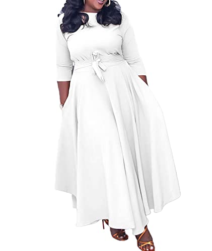 Image of SOMTHRON Women's Casual 3 /4 Sleeve Long Maxi Dress A-Line Flared Solid Wrap Tie Waist Swing Dresses