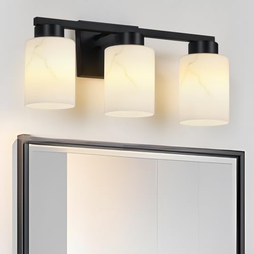 Image of 3-Light Bathroom Light Fixtures, Modern Vanity Lights, Black Metal Wall Lamp with Handcrafted Art Glass for Bathroom, Mirror, Living Room, Bedroom, Cabinet, Porch, Hallway, E26 Base